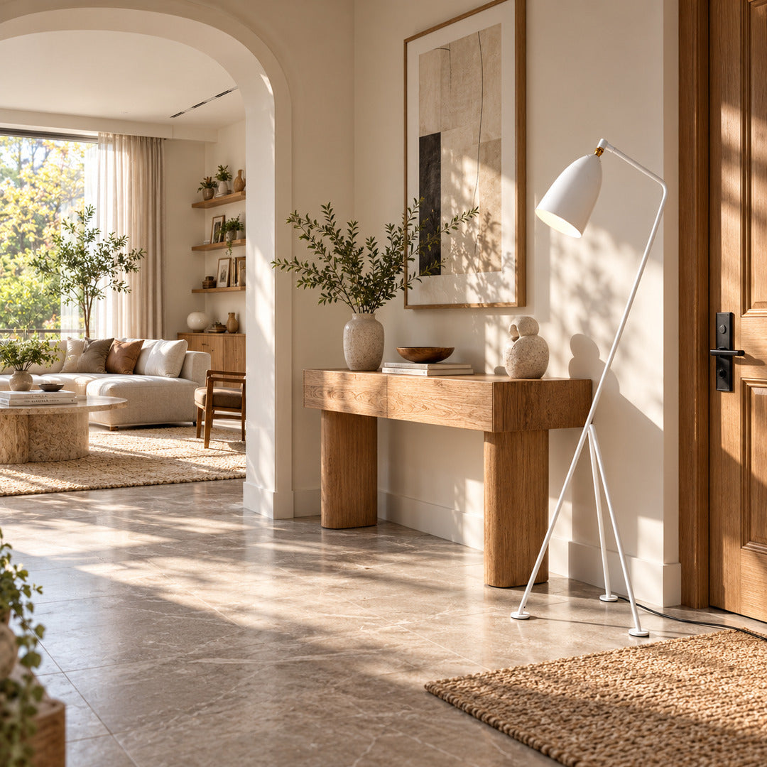 Grillo angled metal floor lamp adding a sleek modern silhouette to an entryway