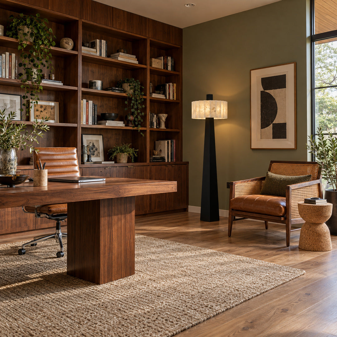 Guglia alabaster floor lamp in a home study next to a bookshelf