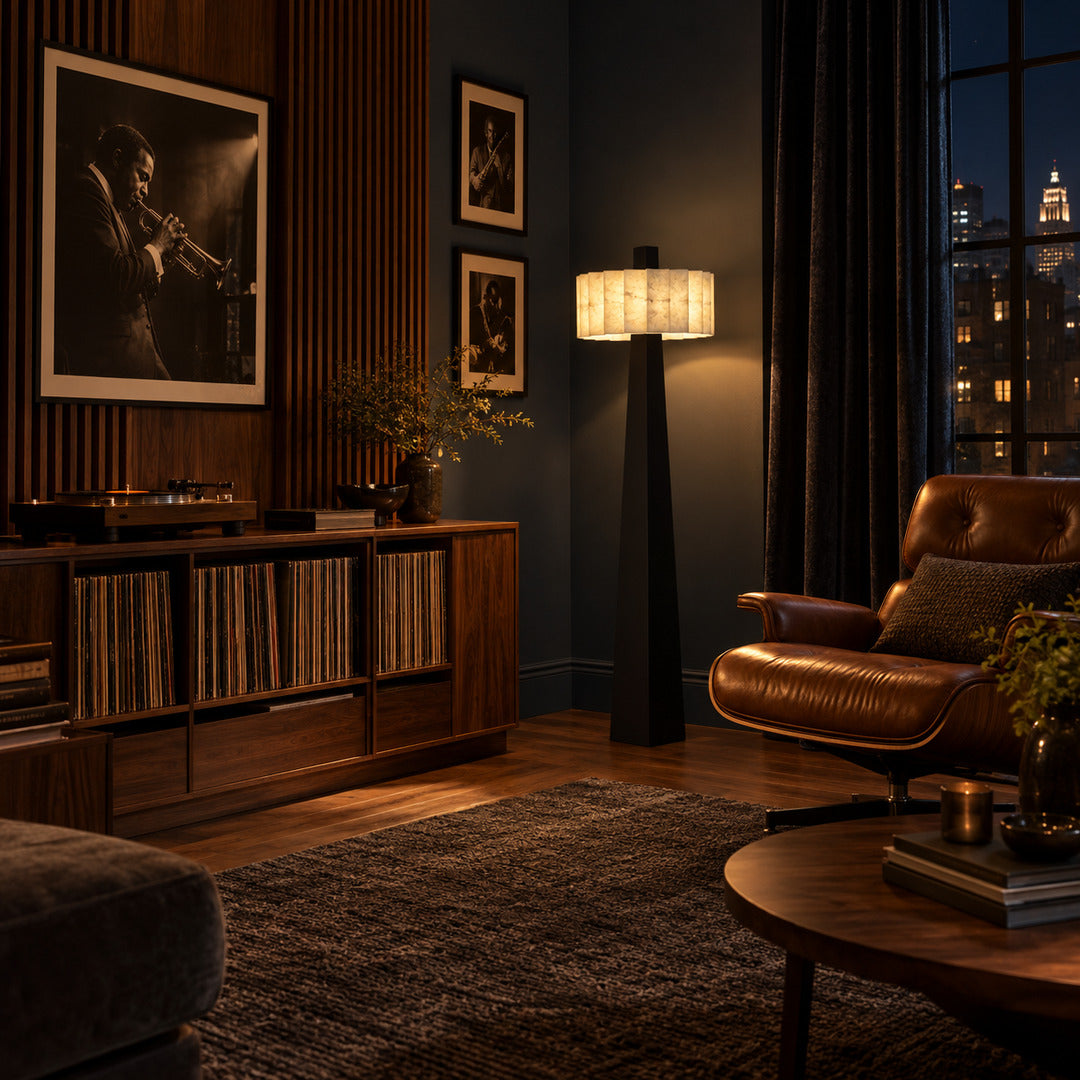 Guglia alabaster floor lamp beside a lounge chair in a reading corner