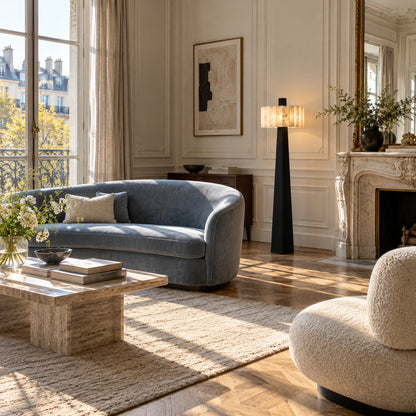 Guglia alabaster floor lamp standing in the corner of a living room