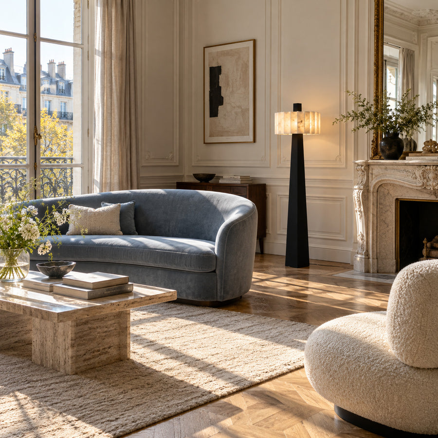 Guglia alabaster floor lamp standing in the corner of a living room
