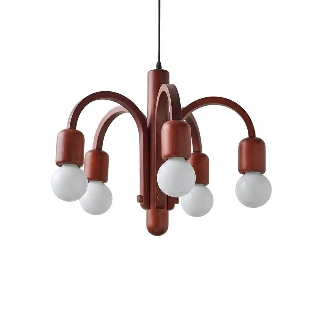 Hadley walnut wood chandelier Model B asymmetric sculptural arrangement solid hardwood mid century retro 19 inch white background