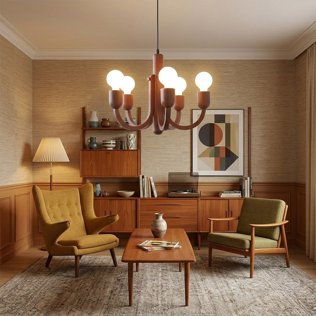 Hadley Model A walnut wood chandelier above Mid Century dining table Eames era furnishings retro modernist interior warm glow