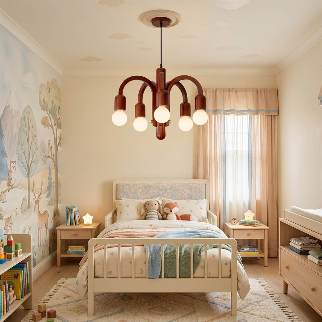 Hadley walnut wood chandelier master bedroom centered above bed natural hardwood warm transitional modern interior
