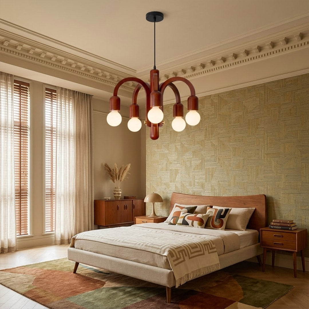 Hadley walnut wood chandelier master bedroom centered above bed natural hardwood warm transitional modern interior