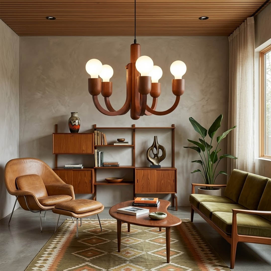 Hadley walnut wood chandelier foyer entryway 8 foot ceiling mid century welcoming warm natural hardwood material