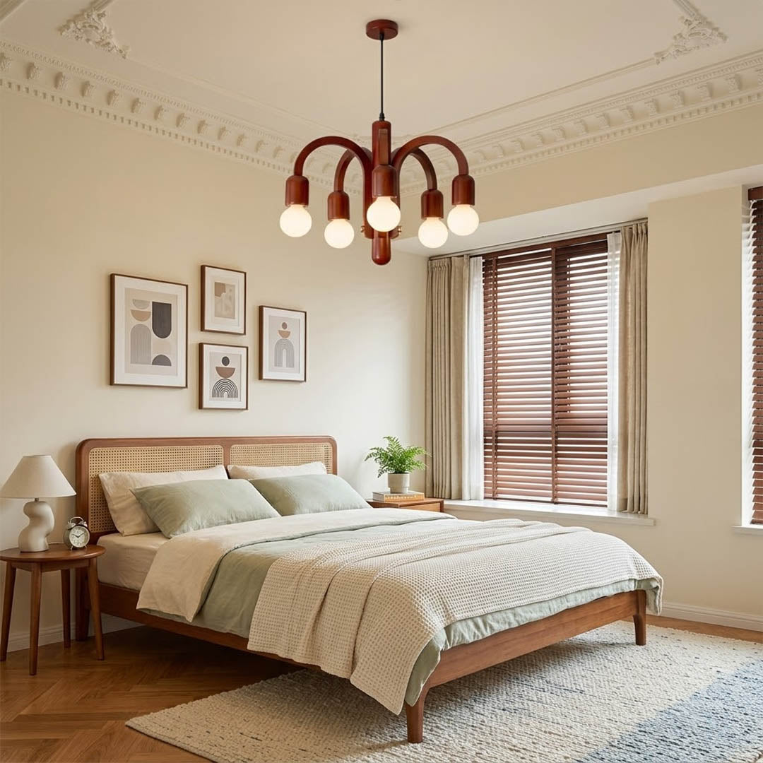 Hadley walnut wood chandelier master bedroom centered above bed natural hardwood warm transitional modern interior