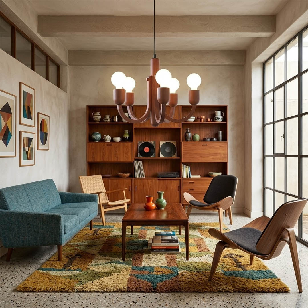 Hadley walnut wood chandelier modern farmhouse dining room above rectangular table warm Edison glow shiplap walls interior