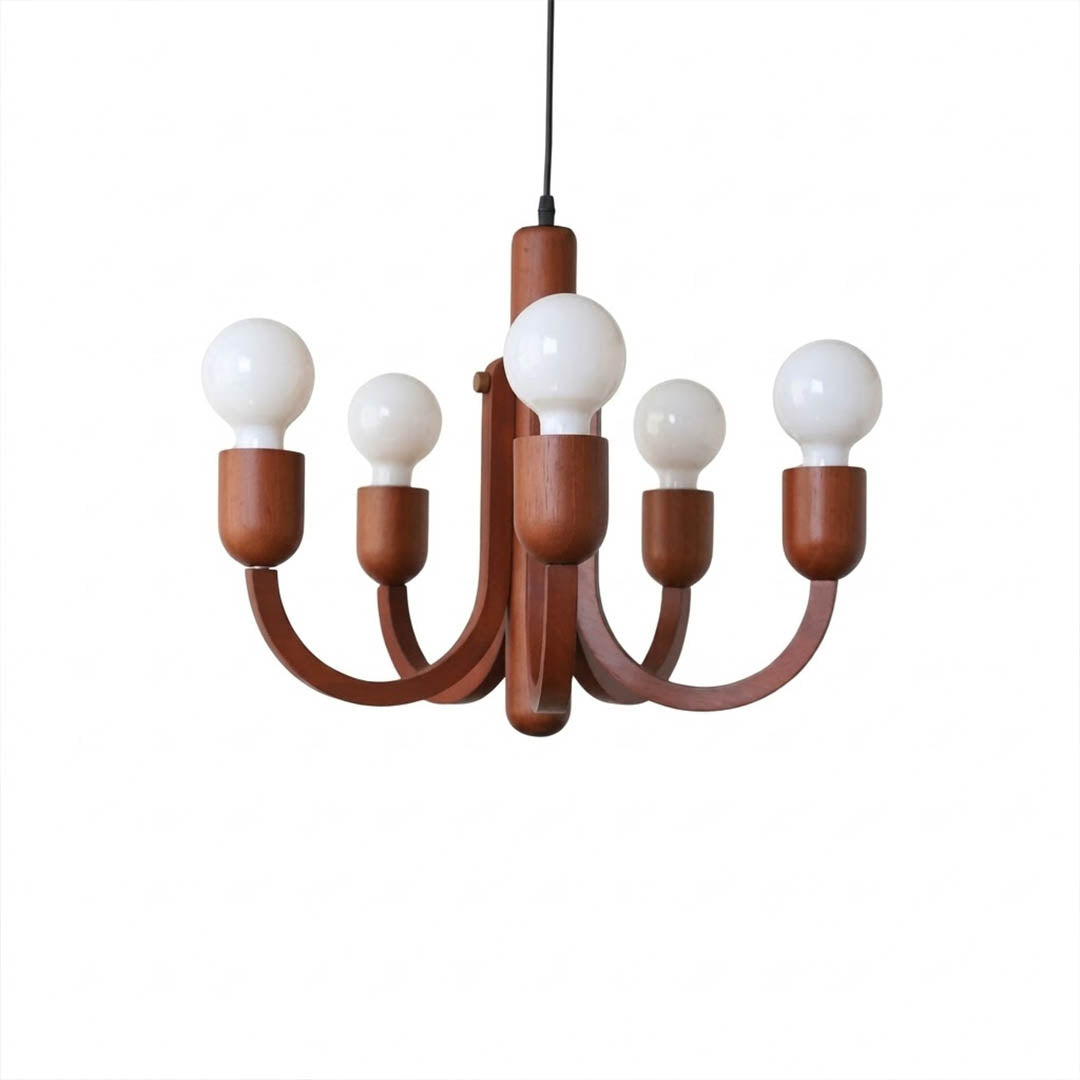 Hadley walnut wood chandelier Model A symmetric arrangement solid hardwood mid century retro 19 inch white background
