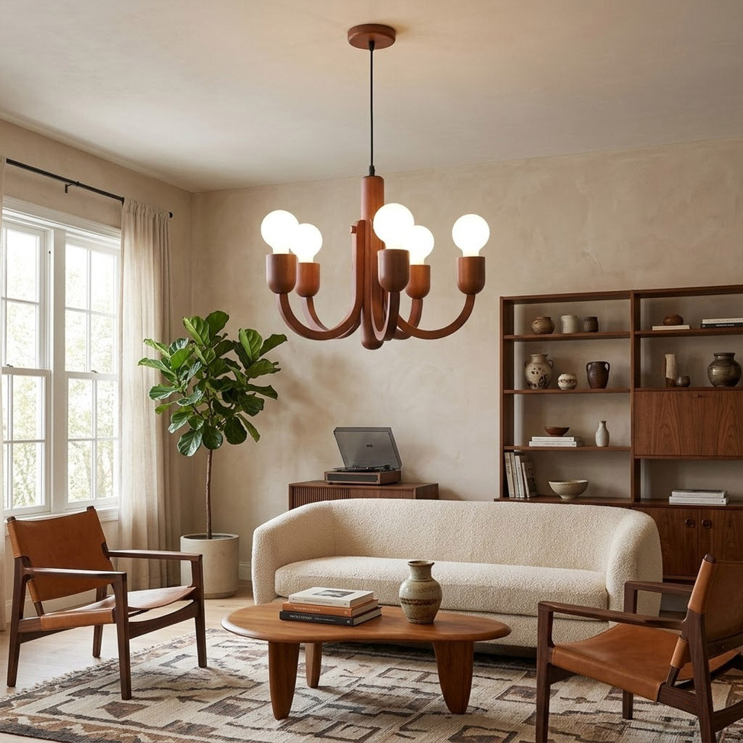 Hadley walnut wood chandelier master bedroom centered above bed natural hardwood warm transitional modern interior
