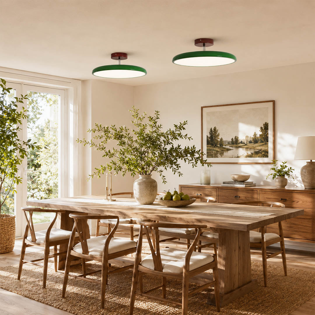 Halden Cream slim flush mount dining room modern Scandinavian clean Earthy warm glow terracotta canopy interior lifestyle