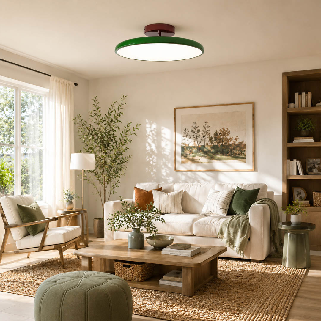 Halden Cream swivel flush mount vaulted cathedral A-frame ceiling living room modern Scandinavian Earthy warm glow interior lifestyle