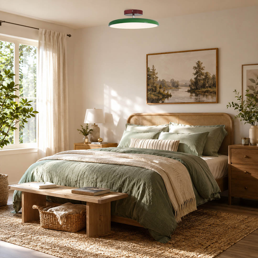 Halden Sage Green swivel flush mount bedroom Earthy Cottagecore modern terracotta canopy warm glow primary interior lifestyle