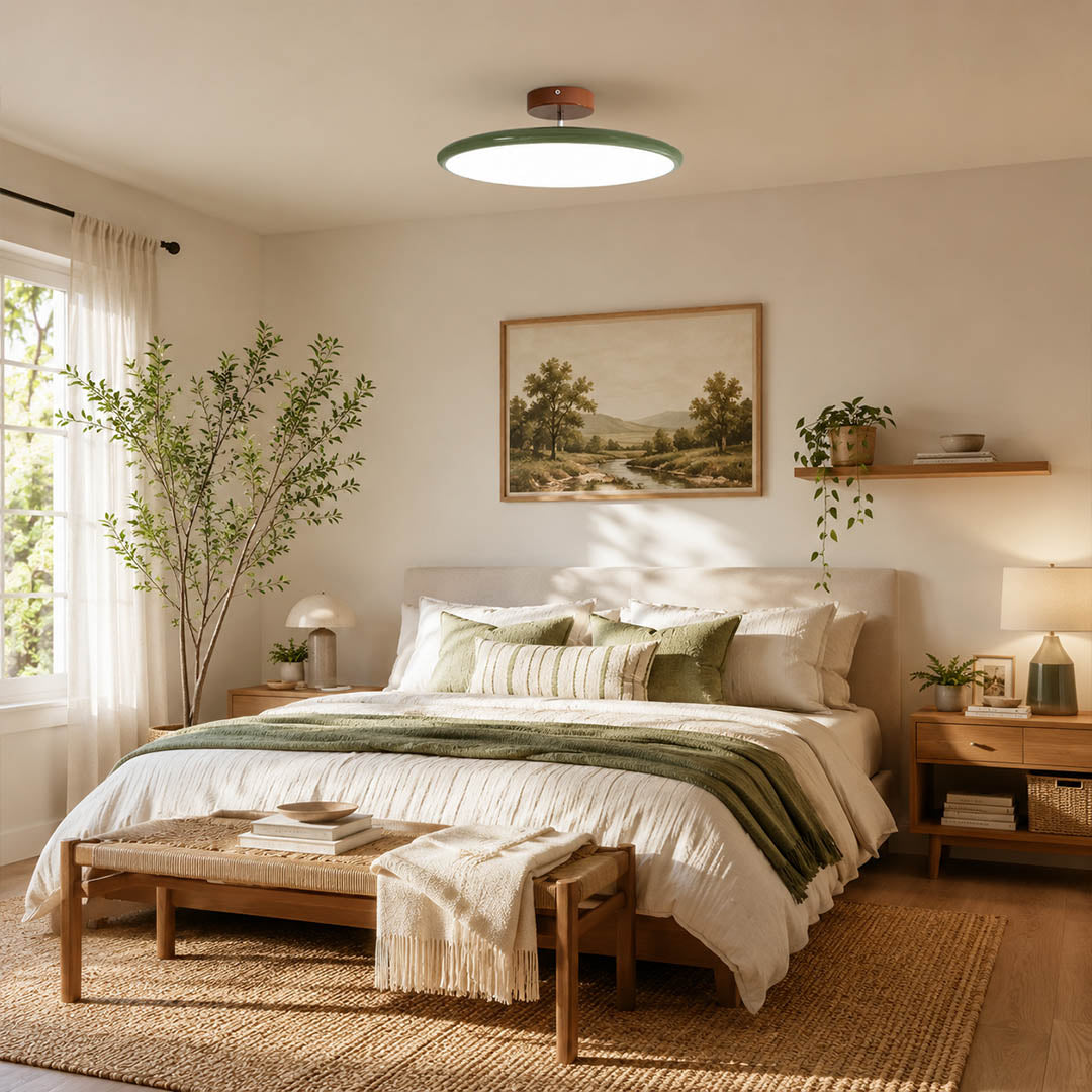 Halden Sage Green swivel flush mount bedroom Earthy Cottagecore modern terracotta canopy warm glow primary interior lifestyle