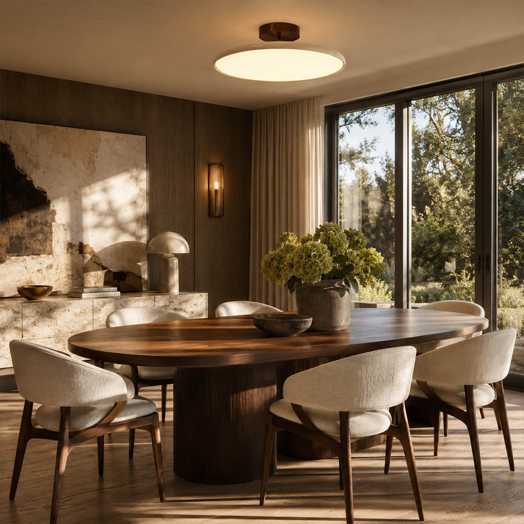 Halden Cream slim flush mount dining room modern Scandinavian clean Earthy warm glow terracotta canopy interior lifestyle