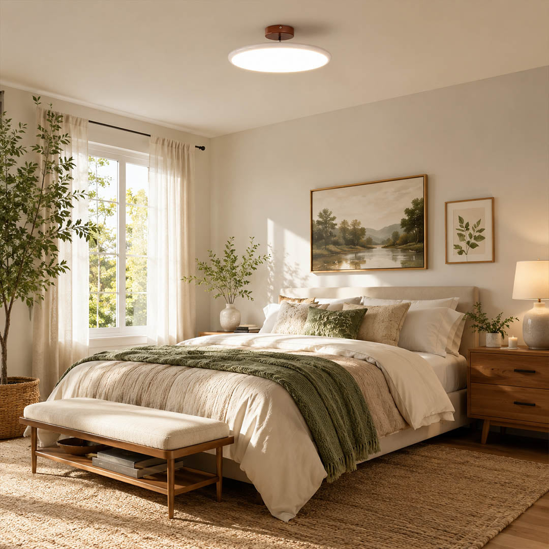 Halden Sage Green swivel flush mount bedroom Earthy Cottagecore modern terracotta canopy warm glow primary interior lifestyle