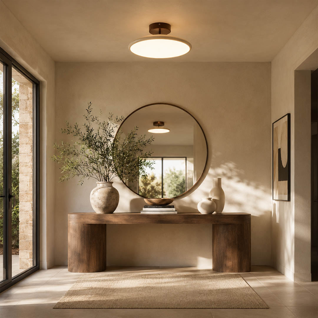 Halden Sage Green swivel flush mount hallway corridor series modern Scandinavian Earthy terracotta canopy soft glow architectural interior