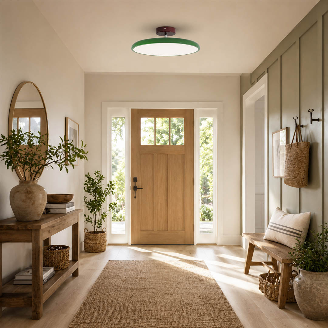 Halden Sage Green swivel flush mount hallway corridor series modern Scandinavian Earthy terracotta canopy soft glow architectural interior