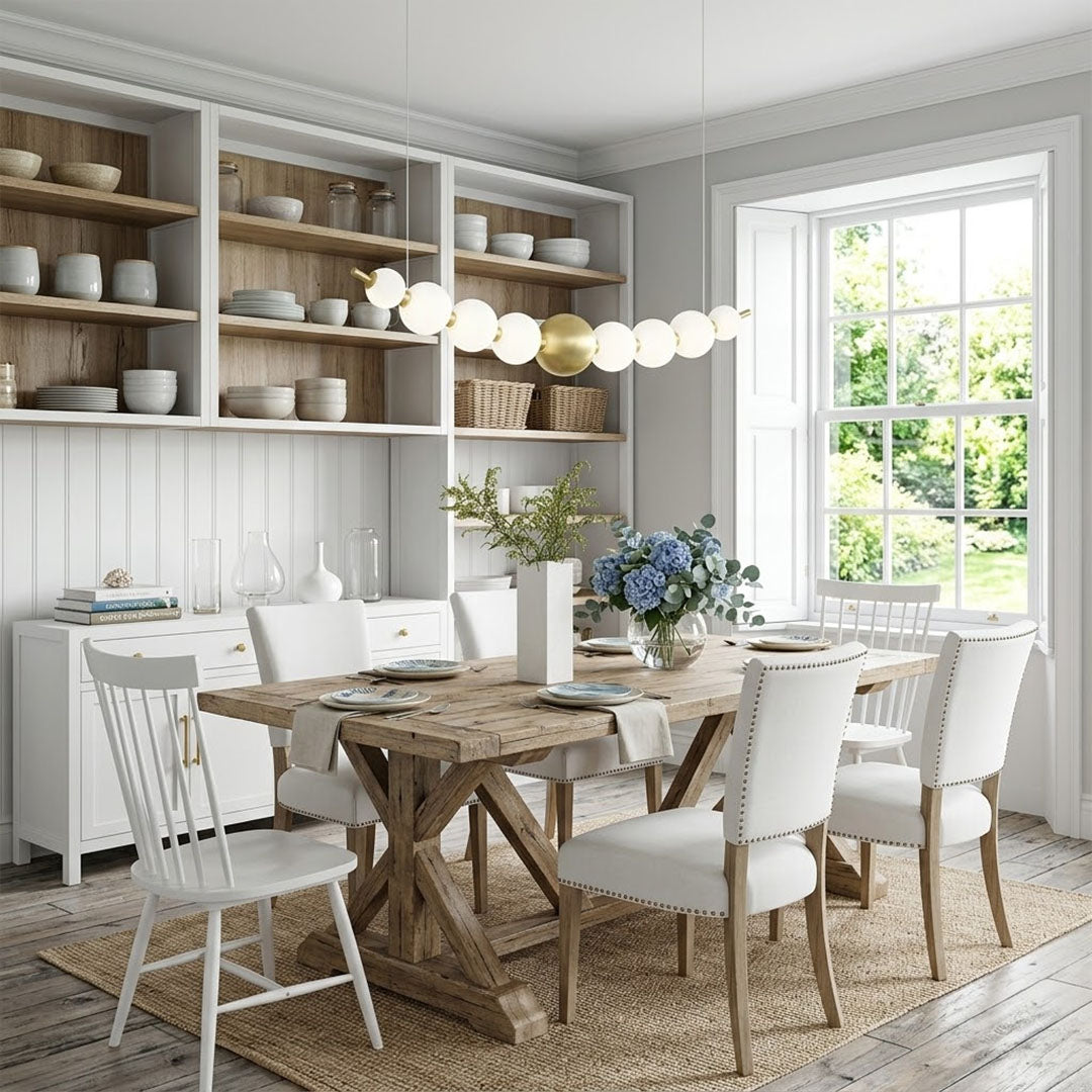 Halia pearl ring chandelier above round dining table elegant warm glow modern interior