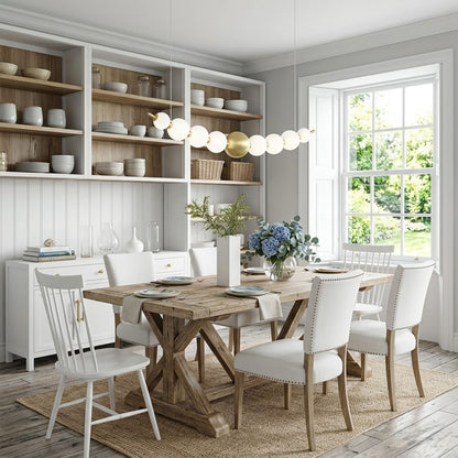 Halia pearl ring chandelier above round dining table elegant warm glow modern interior