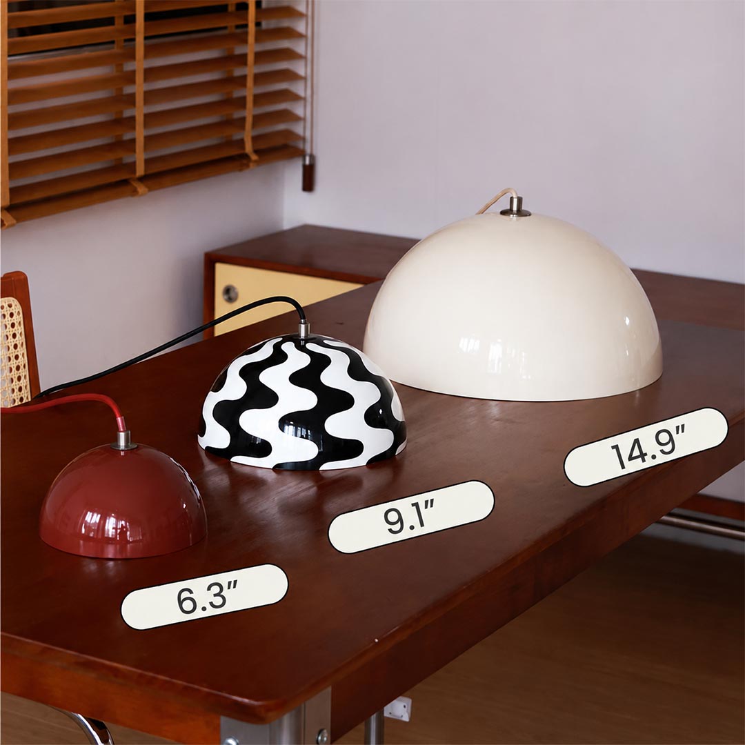 Halo pendant light two facing half sphere metal dome shape detail close up