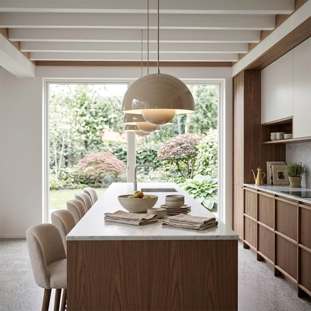 Halo pendant lights three in a row above kitchen island mid century modern interior