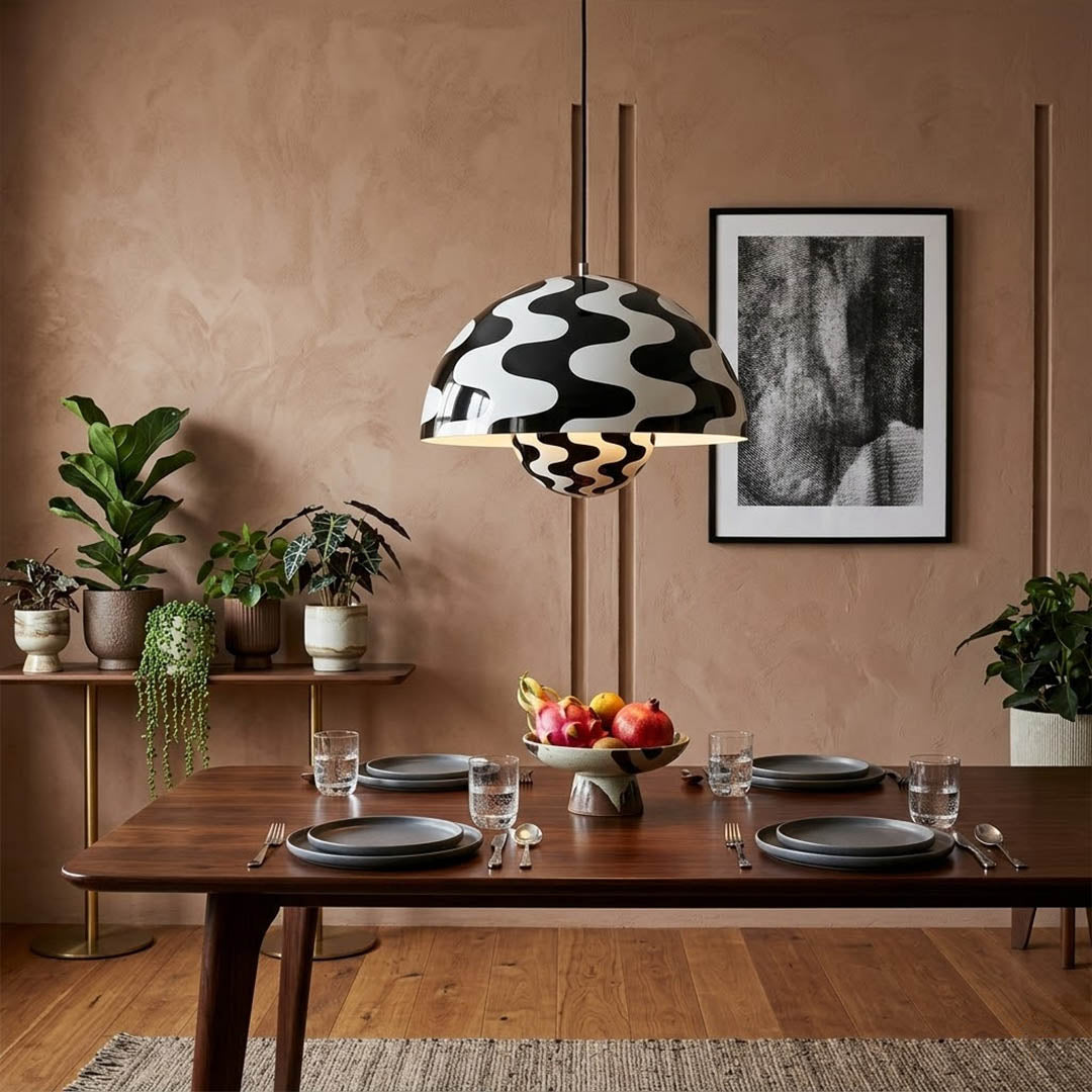 Halo pendant lights three in a row above kitchen island mid century modern interior