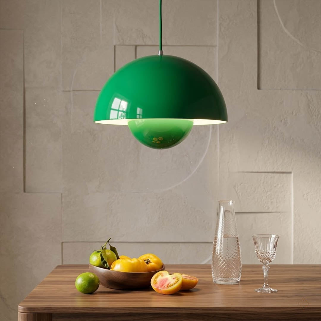 Halo pendant lights three in a row above kitchen island mid century modern interior