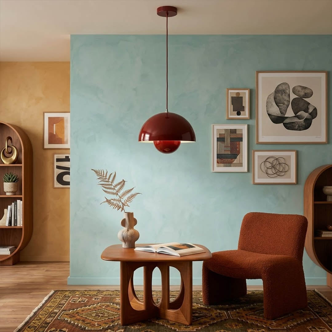 Halo pendant lights three in a row above kitchen island mid century modern interior