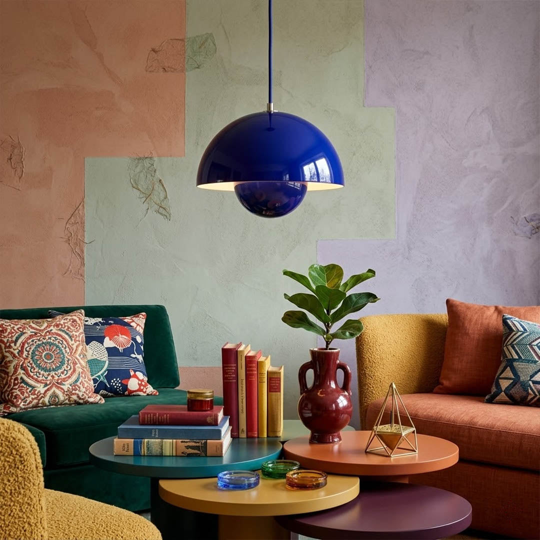 Halo pendant lights three in a row above kitchen island mid century modern interior