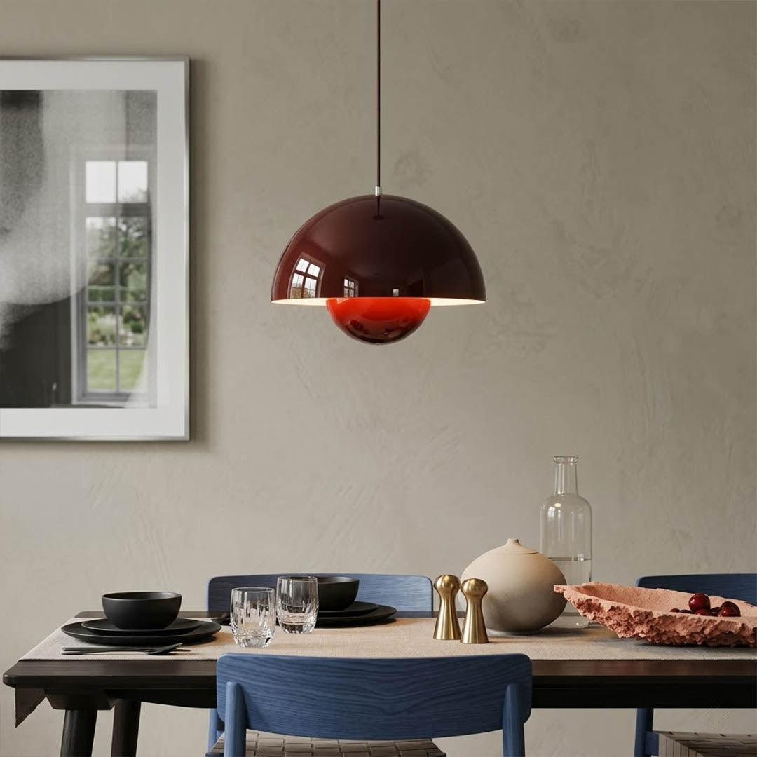 Halo pendant lights three in a row above kitchen island mid century modern interior