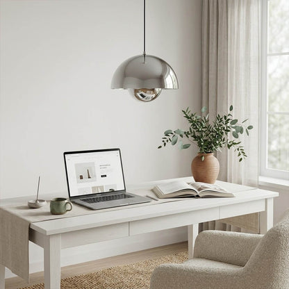Halo pendant lights three in a row above kitchen island mid century modern interior