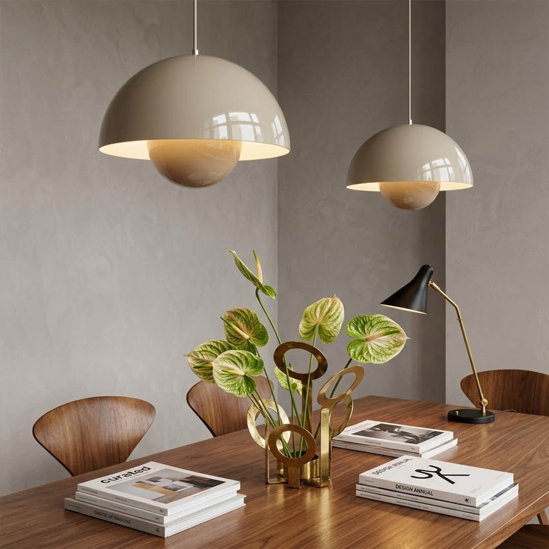 Halo pendant lights three in a row above kitchen island mid century modern interior