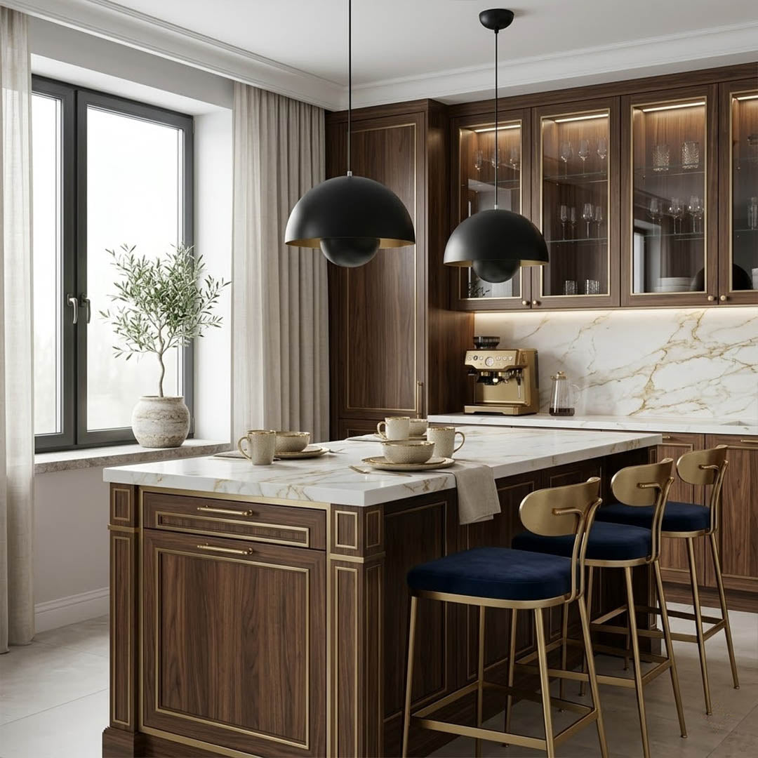 Halo pendant lights three in a row above kitchen island mid century modern interior
