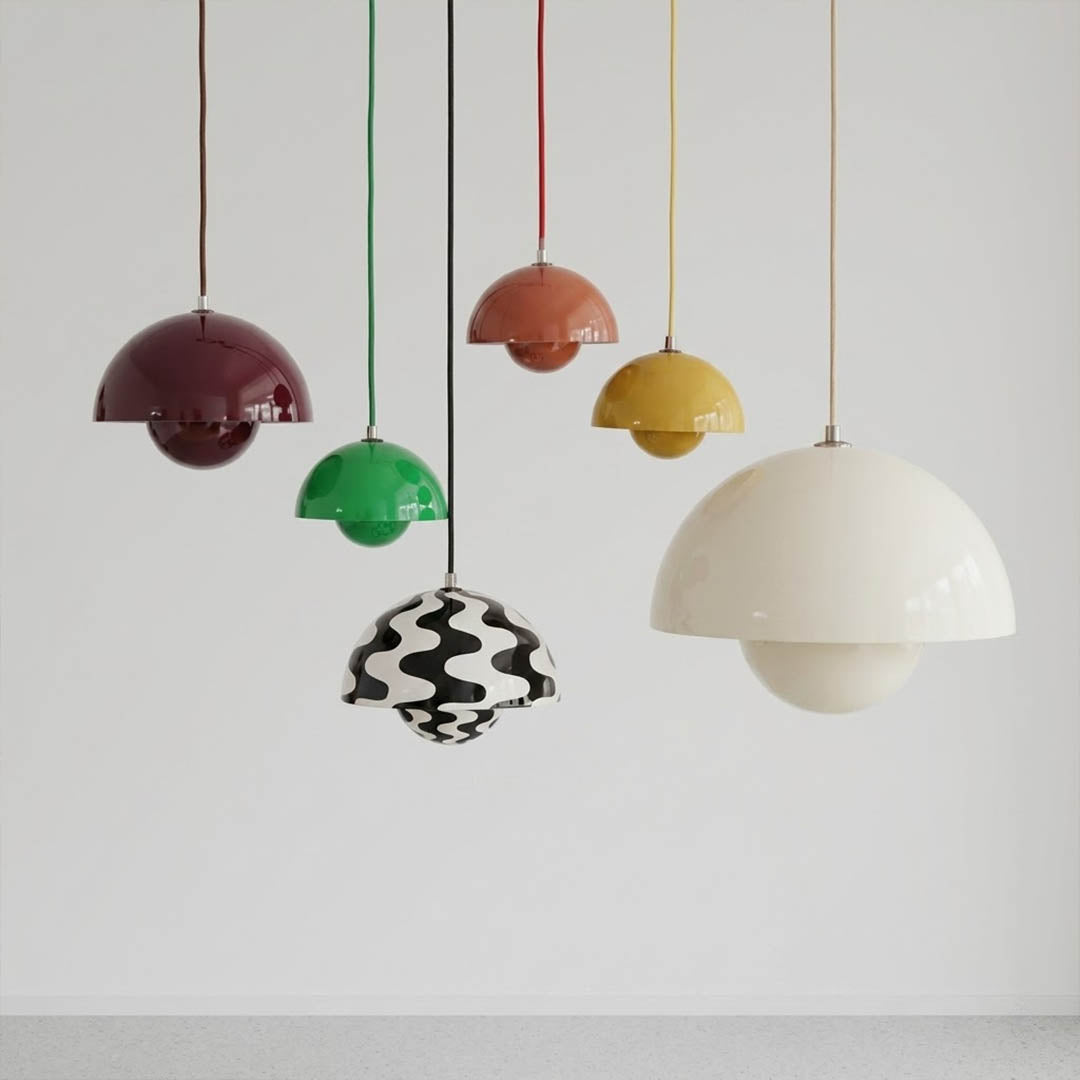 Halo pendant light eight colors white black beige chrome green blue scarlet yellow lineup