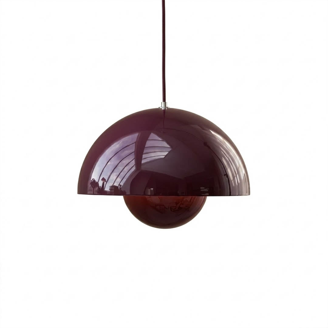 Halo pendant light metal dome mid century modern hanging lamp white background