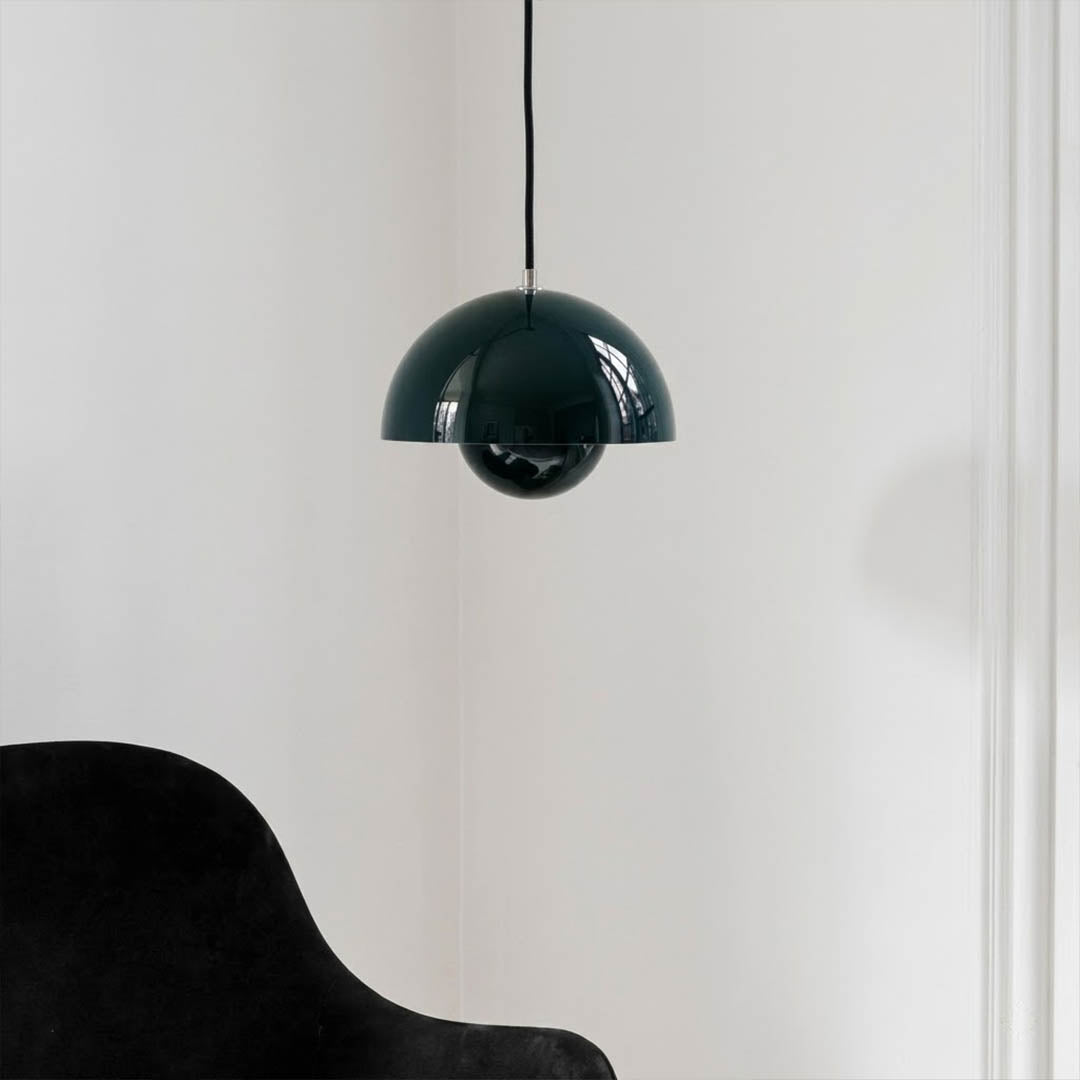 Halo pendant light two facing half sphere metal dome shape detail close up