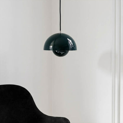 Halo pendant light two facing half sphere metal dome shape detail close up