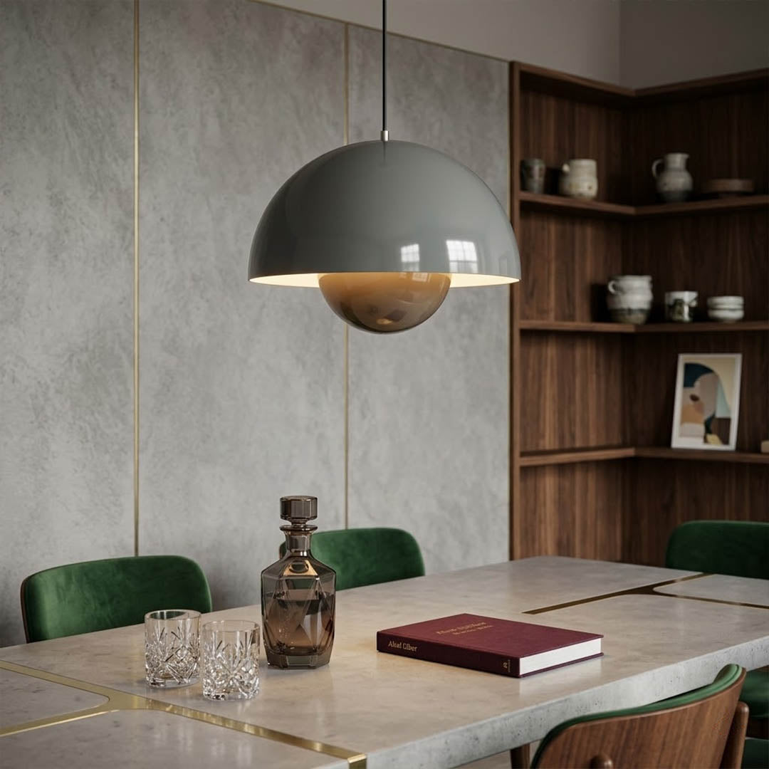 Halo pendant lights three in a row above kitchen island mid century modern interior