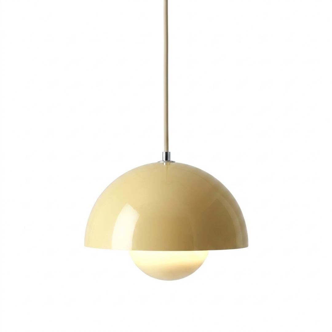 Halo pendant light metal dome mid century modern hanging lamp white background