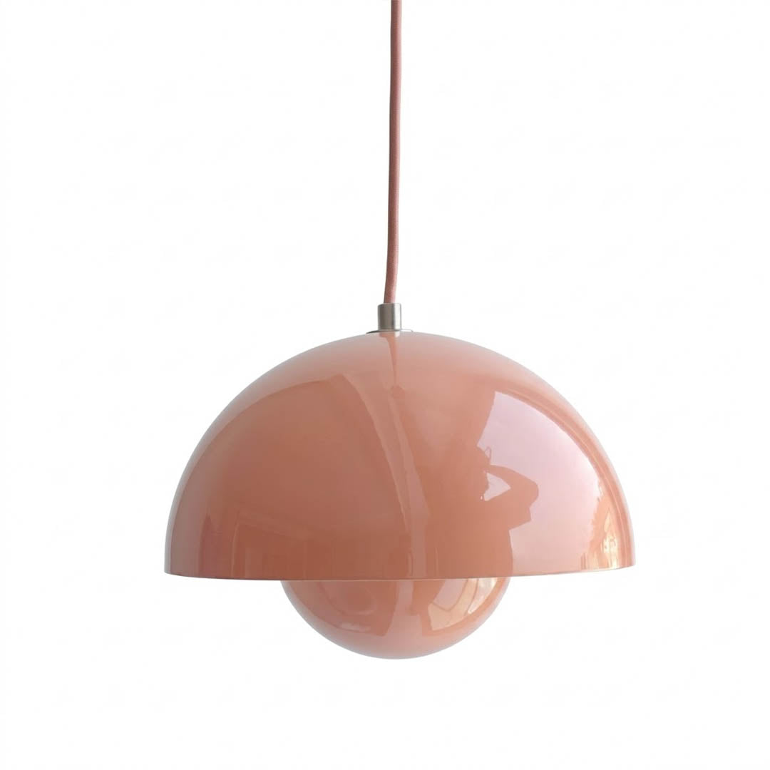 Halo pendant light metal dome mid century modern hanging lamp white background