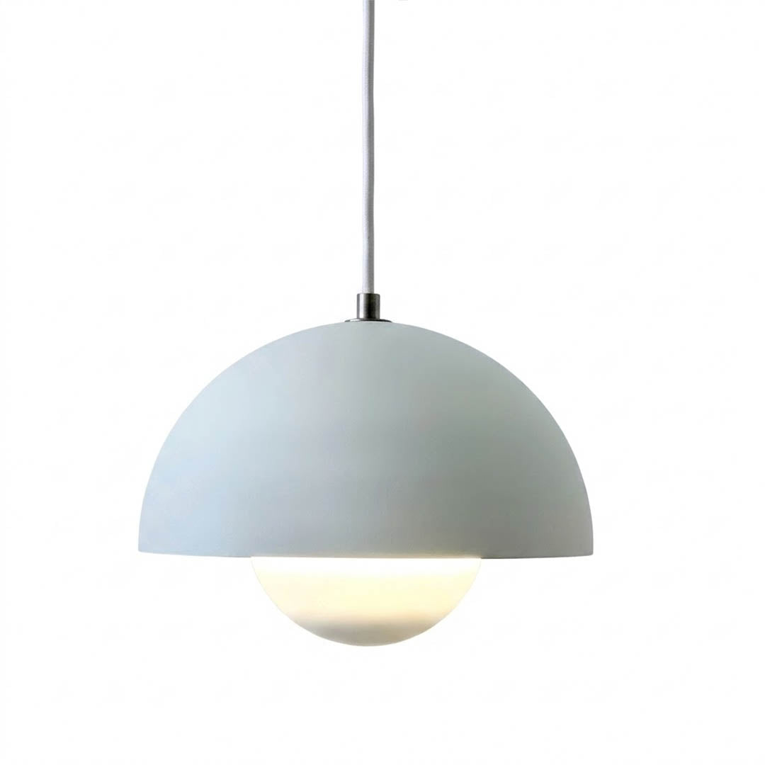 Halo pendant light metal dome mid century modern hanging lamp white background