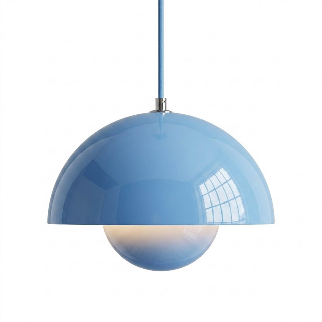 Halo pendant light metal dome mid century modern hanging lamp white background