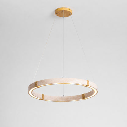 Halo travertine pendant light illuminated warm integrated LED glow travertine stone disc white background