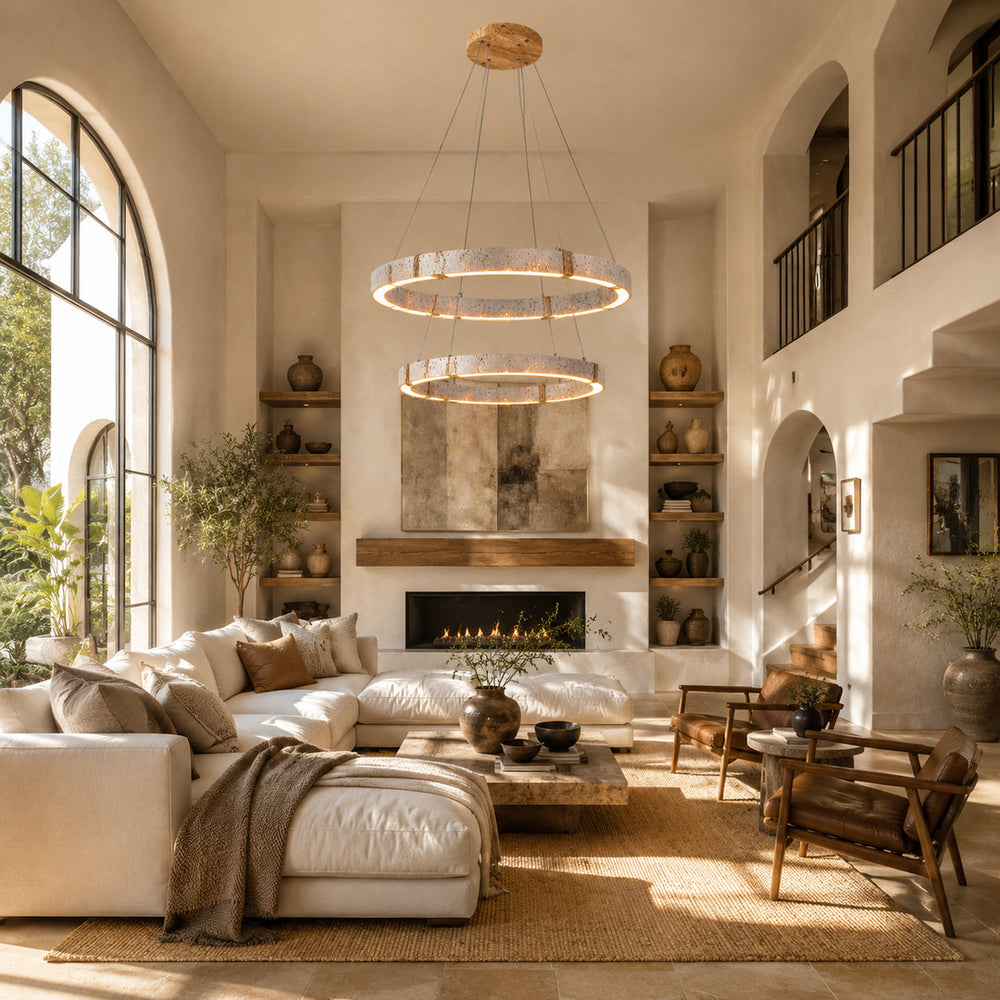 Halo travertine pendant light two ring cluster living room open plan warm glow travertine stone statement American home lifestyle interior styled