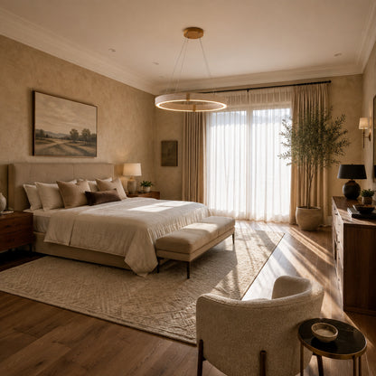 Halo travertine pendant light bedroom warm glow travertine stone disc cozy American home lifestyle interior styled