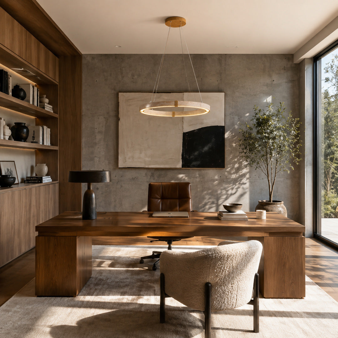 Halo travertine pendant light home office study warm glow travertine stone disc American home lifestyle interior styled