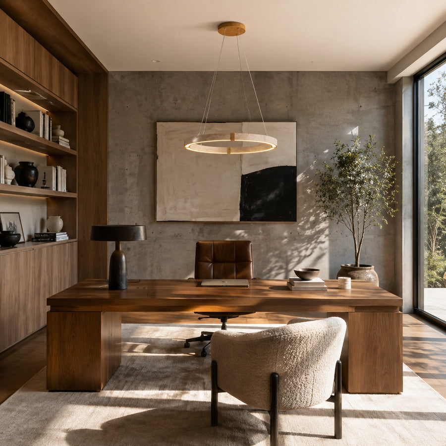 Halo travertine pendant light home office study warm glow travertine stone disc American home lifestyle interior styled
