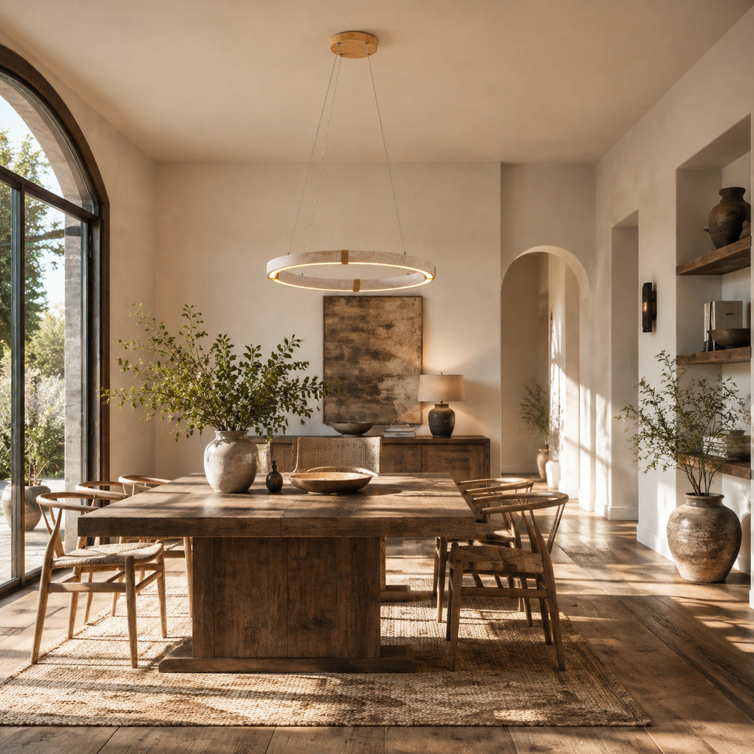 Halo travertine pendant light dining table single disc warm glow travertine stone Japandi American home lifestyle interior styled
