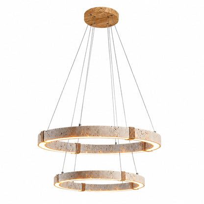 Halo travertine pendant light two ring cluster staggered dual disc composition 15.7 23.6 inch travertine stone warm glow